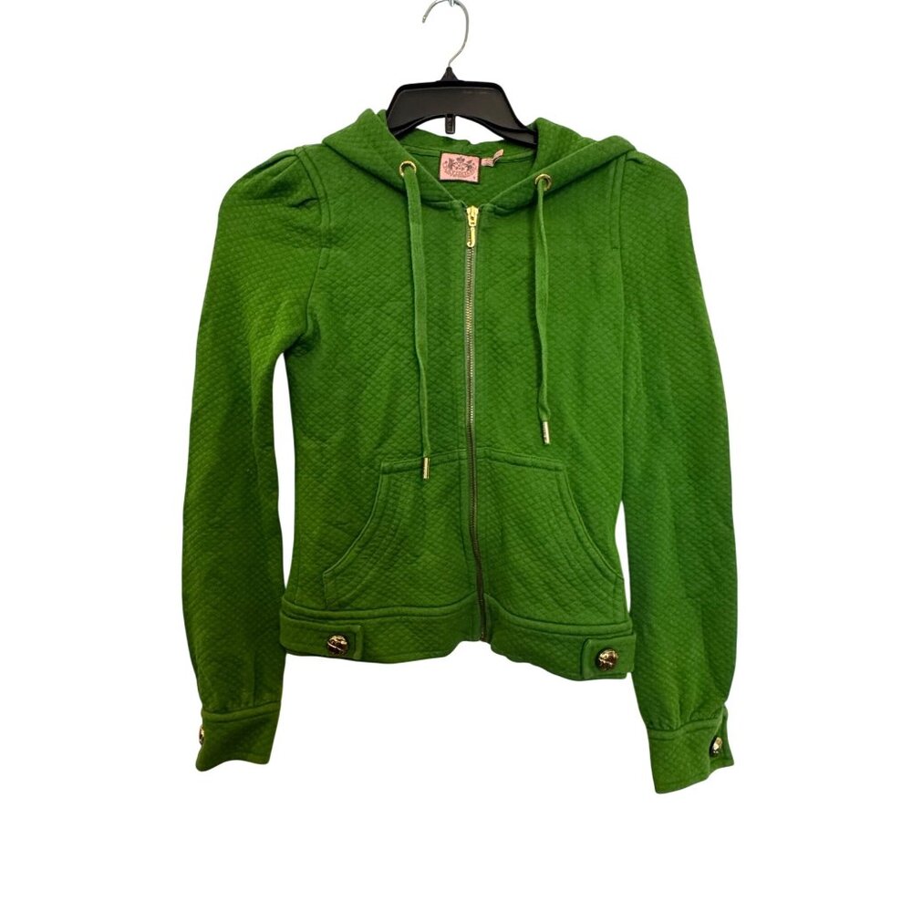 Vintage Juicy Couture Green Quilted Hoodie Jacket With Gold Buttons & Pockets S